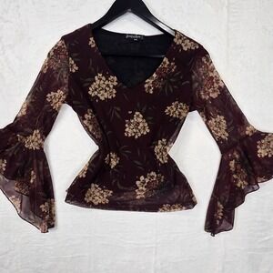 Vintage 90s Y2k Women's Bell Sleeve Mesh Floral Vneck Top Medium Petite